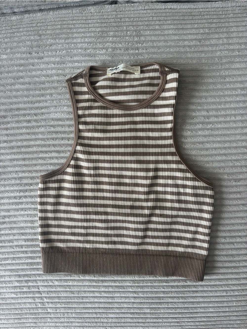 Pull&Bear Striped Ribbed cropped top in Brown and Cream